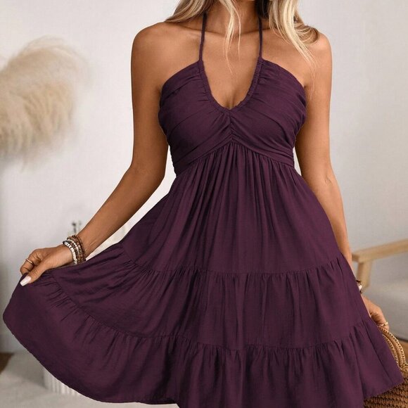 maroon beach dress LUNA TIE DYE OPEN BACK HALTER DRESS| Summer Maxi Dress | Tie dye Maxi Dress main image 0